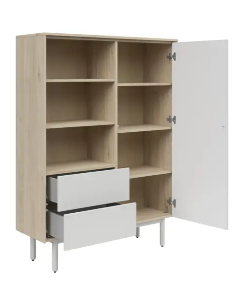 Estantería Ema 105 cm con puertas 2 cajones y estantes nogal jackson hickory/gris claro