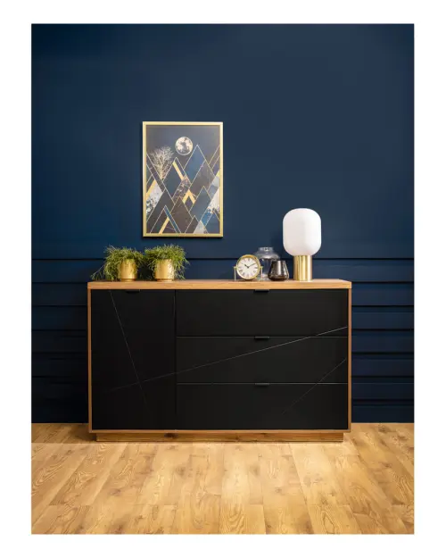 Cómoda Forn 156 cm con puertas y 3 cajones roble delano oscuro/negro mate