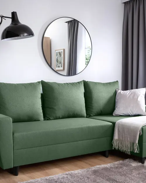 Универсальный угловой диван Malin раскладной с ящиком для белья, плетенка зеленый