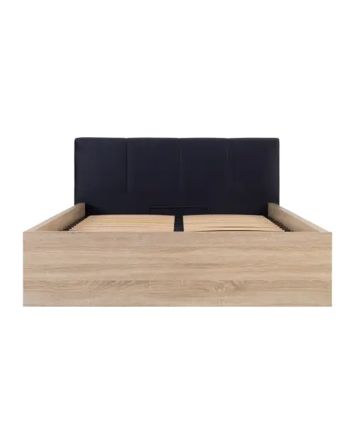 Cama Tetrix 140x200 con somier, contenedor y cabecero tapizado roble sonoma