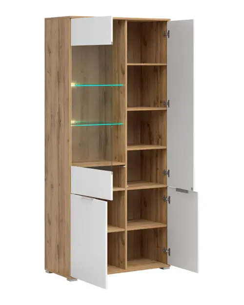 Vitrina Zele 90 cm con 4 puertas roble wotan/blanco brillo